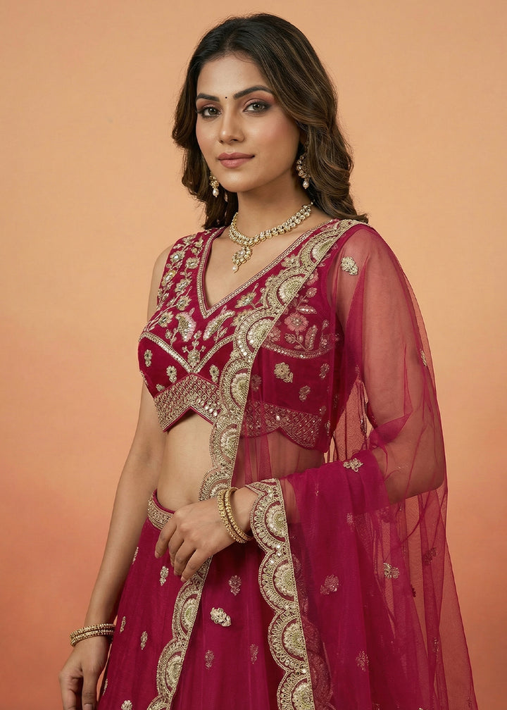 Rani Pink Silk Blend Lehenga Choli with Zari Embroidery