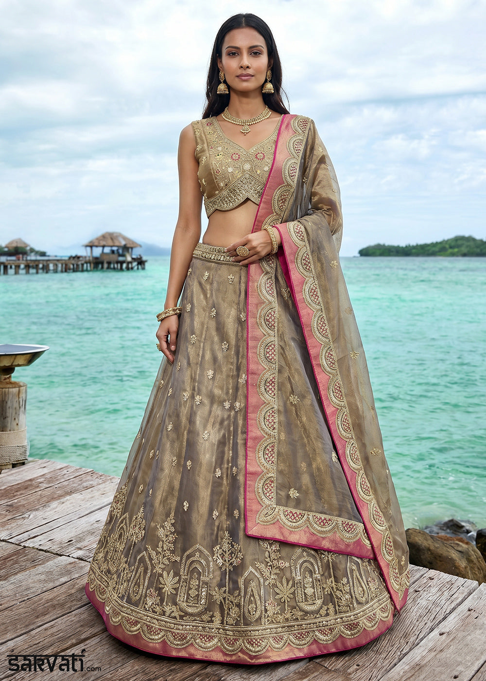 Champagne Taupe Brown Tissue Lehenga Choli with Pearl and Zari Embroidered Motifs