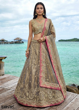 Champagne Taupe Brown Tissue Lehenga Choli with Pearl and Zari Embroidered Motifs