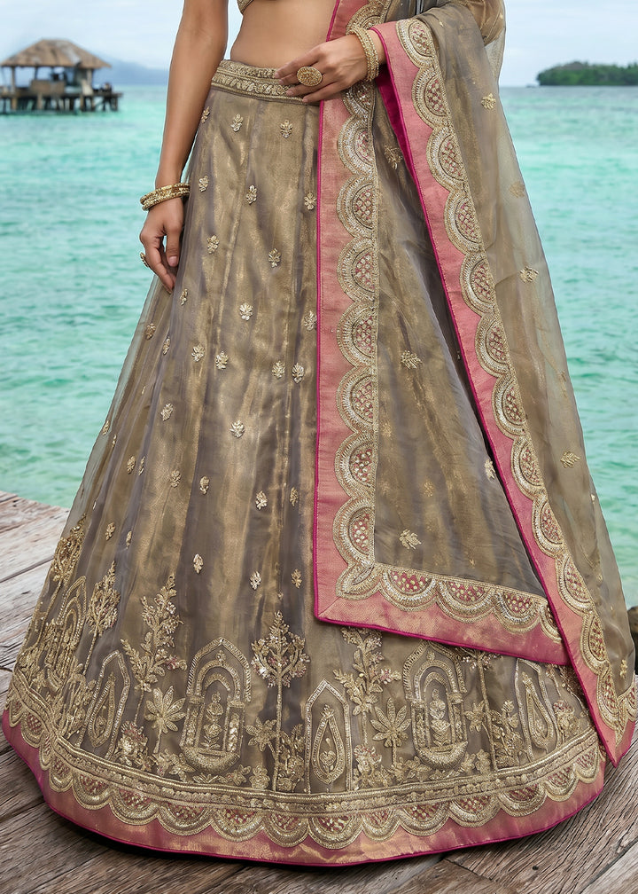 Champagne Taupe Brown Tissue Lehenga Choli with Pearl and Zari Embroidered Motifs