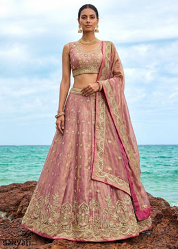Pinkish Purple Gold Shimmer Tissue Lehenga Choli with Pearl & Zari Embroidered Motifs