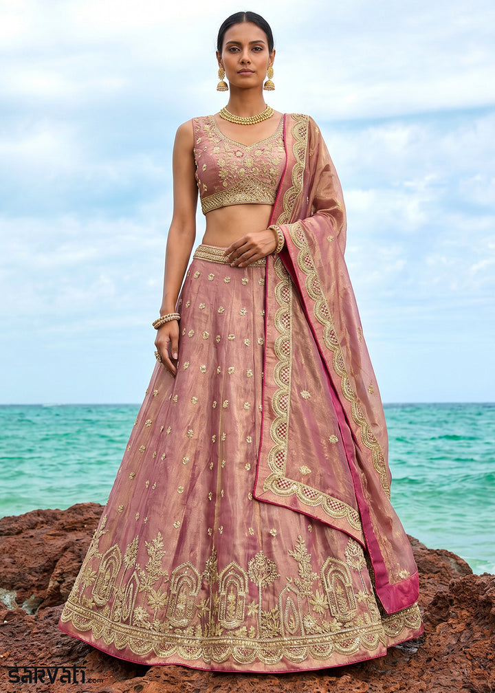 Pinkish Purple Gold Shimmer Tissue Lehenga Choli with Pearl &amp; Zari Embroidered Motifs