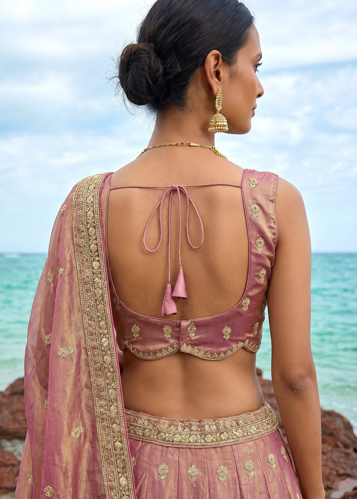Pinkish Purple Gold Shimmer Tissue Lehenga Choli with Pearl &amp; Zari Embroidered Motifs