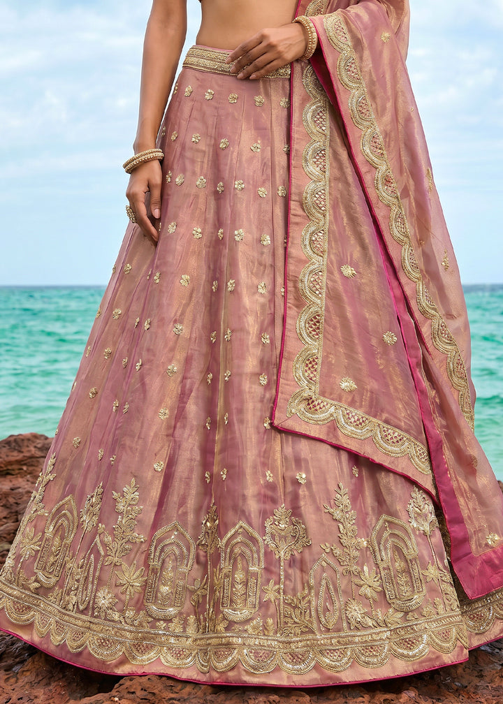 Pinkish Purple Gold Shimmer Tissue Lehenga Choli with Pearl &amp; Zari Embroidered Motifs