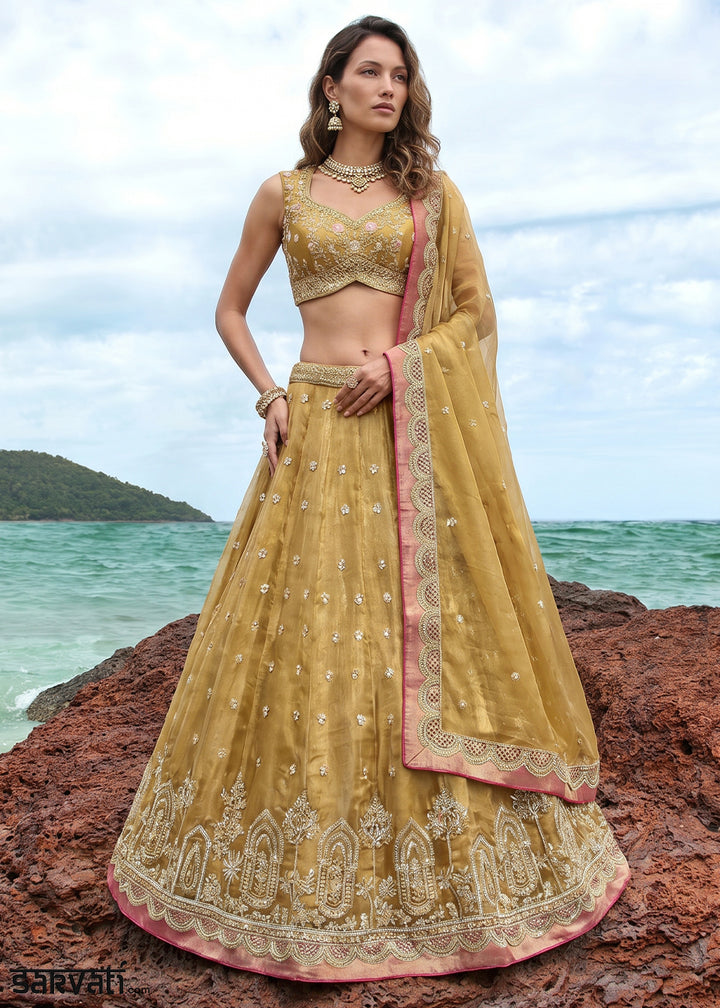 Antique Gold Yellow Tissue Lehenga Choli with Pearl and Zari Embroidered Motifs