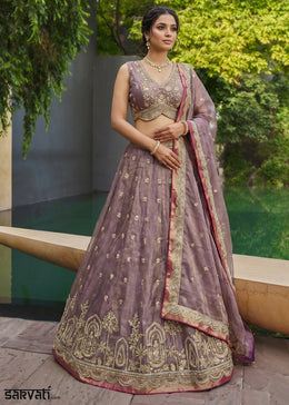 Dusty Mauve Purple Tissue Lehenga Choli with Pearl and Zari Embroidered Motifs