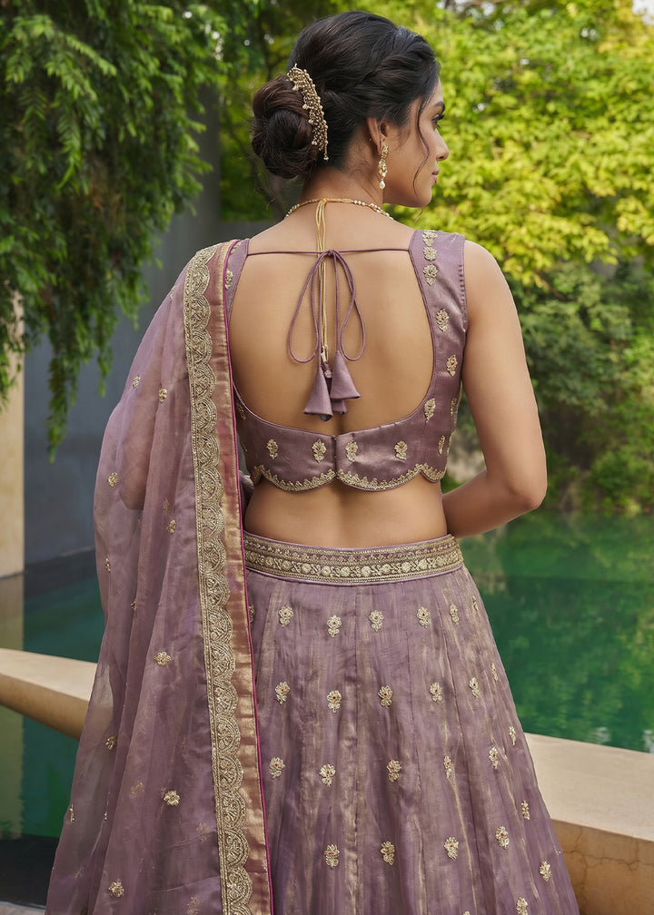 Dusty Mauve Purple Tissue Lehenga Choli with Pearl and Zari Embroidered Motifs