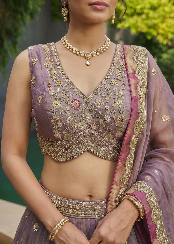 Dusty Mauve Purple Tissue Lehenga Choli with Pearl and Zari Embroidered Motifs