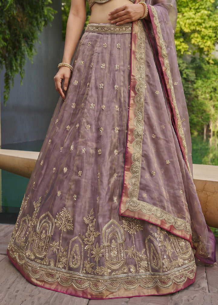 Dusty Mauve Purple Tissue Lehenga Choli with Pearl and Zari Embroidered Motifs