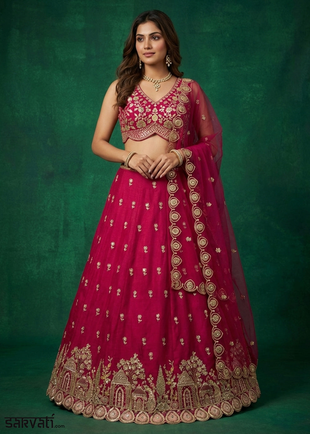 Ruby Pink Chinon Silk Lehenga Choli with Jharokha, Zari, Sequin &amp; Moti Embroidery