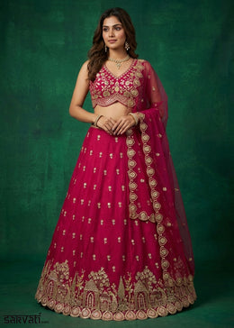 Ruby Pink Chinon Silk Lehenga Choli with Jharokha, Zari, Sequin & Moti Embroidery