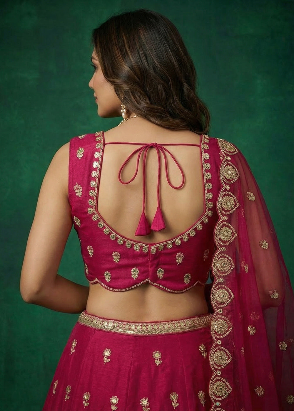 Ruby Pink Chinon Silk Lehenga Choli with Jharokha, Zari, Sequin &amp; Moti Embroidery