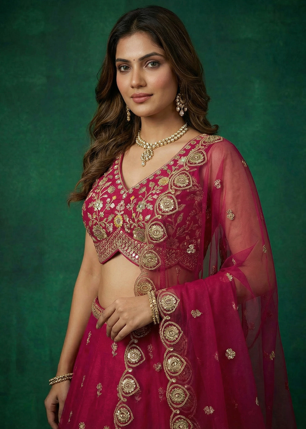Ruby Pink Chinon Silk Lehenga Choli with Jharokha, Zari, Sequin &amp; Moti Embroidery