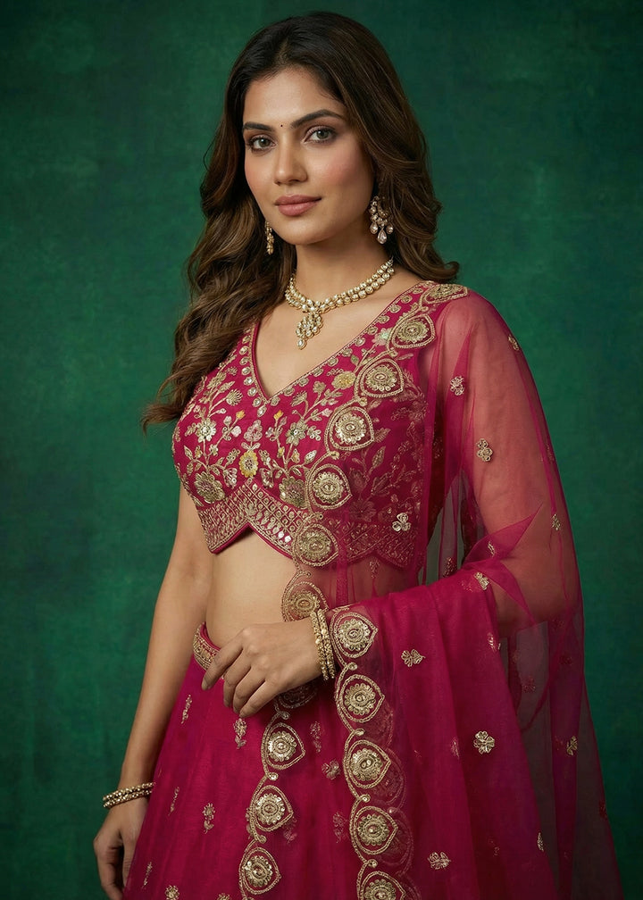 Ruby Pink Chinon Silk Lehenga Choli with Jharokha, Zari, Sequin &amp; Moti Embroidery