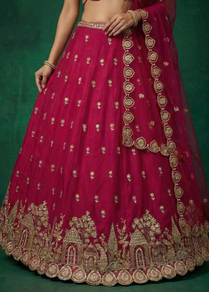 Ruby Pink Chinon Silk Lehenga Choli with Jharokha, Zari, Sequin &amp; Moti Embroidery