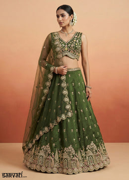 Fern Green Chinon Silk Lehenga Choli with Jharokha, Zari, Sequin & Moti Embroidery