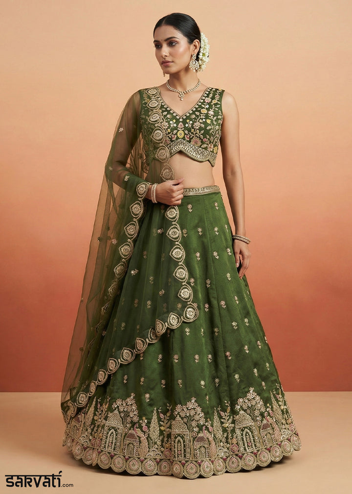 Fern Green Chinon Silk Lehenga Choli with Jharokha, Zari, Sequin &amp; Moti Embroidery