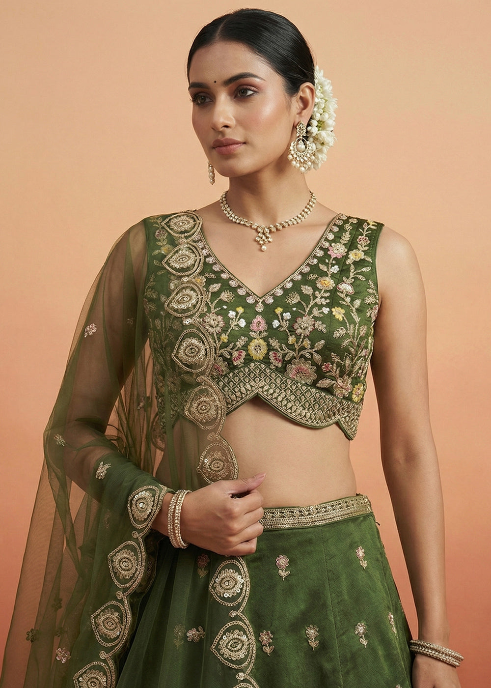 Fern Green Chinon Silk Lehenga Choli with Jharokha, Zari, Sequin & Moti Embroidery
