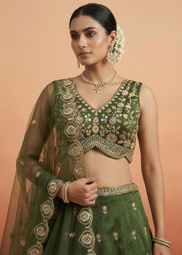Fern Green Chinon Silk Lehenga Choli with Jharokha, Zari, Sequin &amp; Moti Embroidery