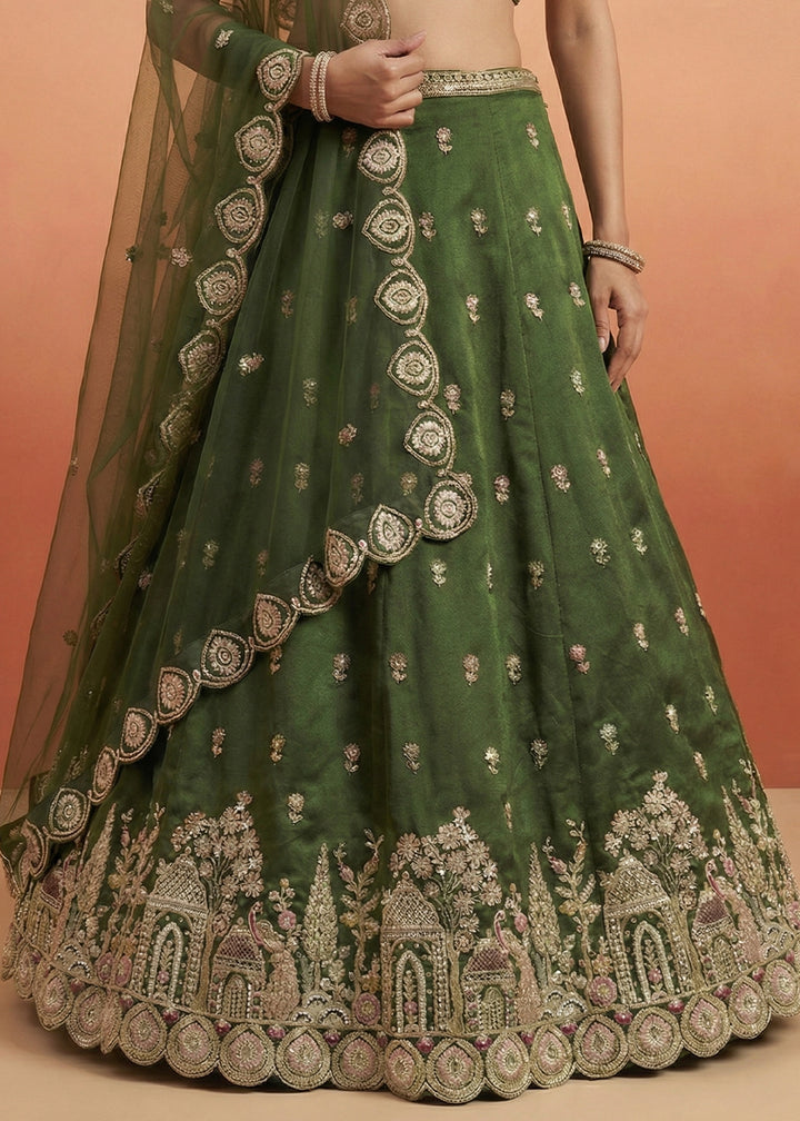 Fern Green Chinon Silk Lehenga Choli with Jharokha, Zari, Sequin &amp; Moti Embroidery
