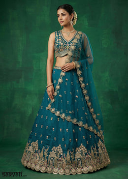 Peacock Blue Chinon Silk Lehenga Choli with Jharokha, Zari, Sequin & Moti Embroidery
