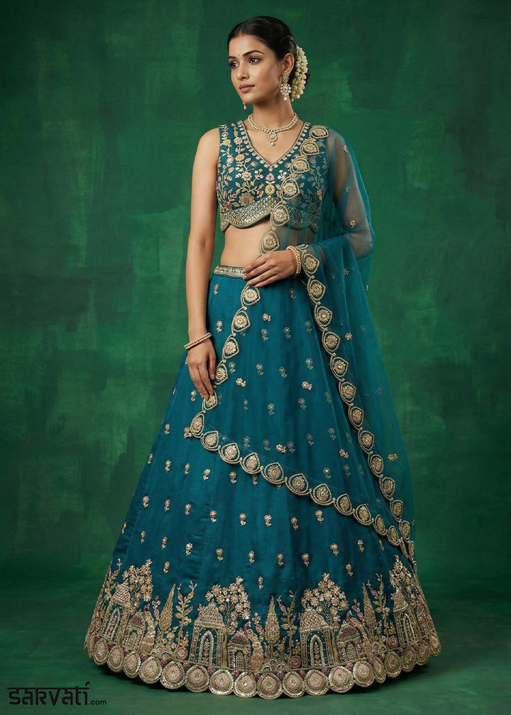Peacock Blue Chinon Silk Lehenga Choli with Jharokha, Zari, Sequin &amp; Moti Embroidery