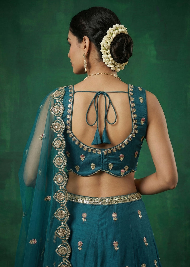Peacock Blue Chinon Silk Lehenga Choli with Jharokha, Zari, Sequin &amp; Moti Embroidery