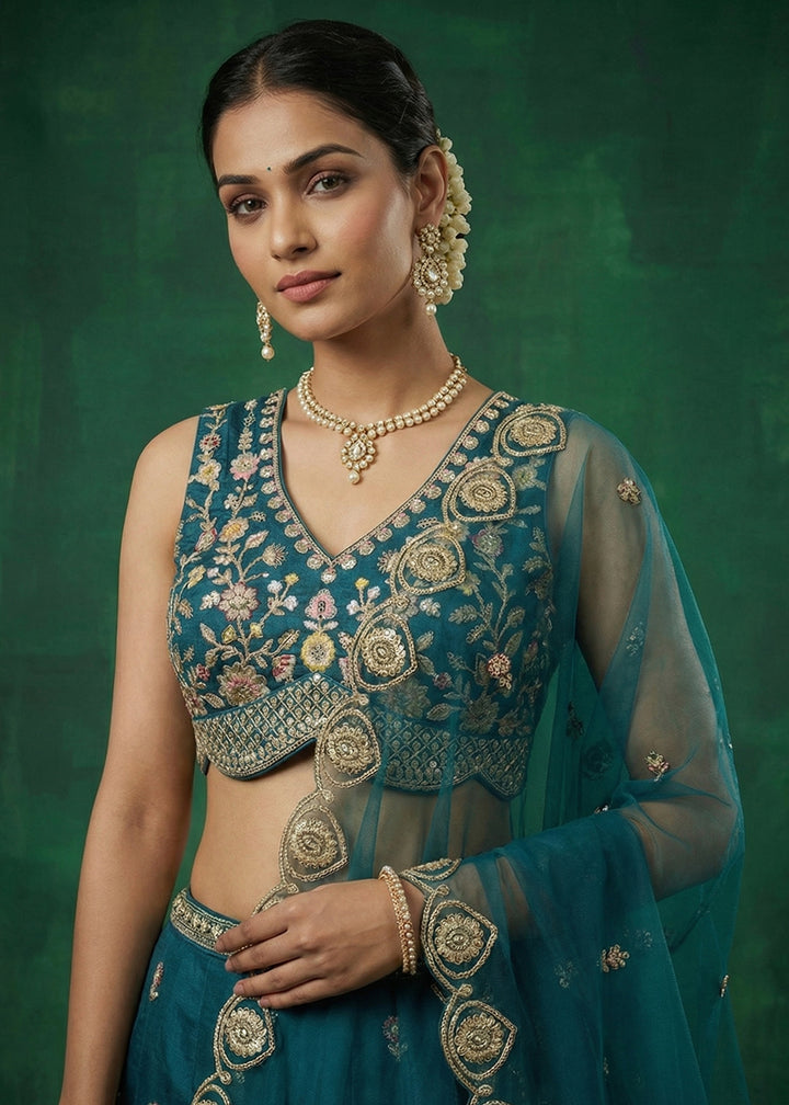 Peacock Blue Chinon Silk Lehenga Choli with Jharokha, Zari, Sequin &amp; Moti Embroidery