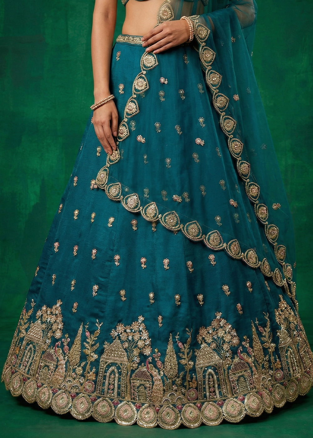 Peacock Blue Chinon Silk Lehenga Choli with Jharokha, Zari, Sequin &amp; Moti Embroidery
