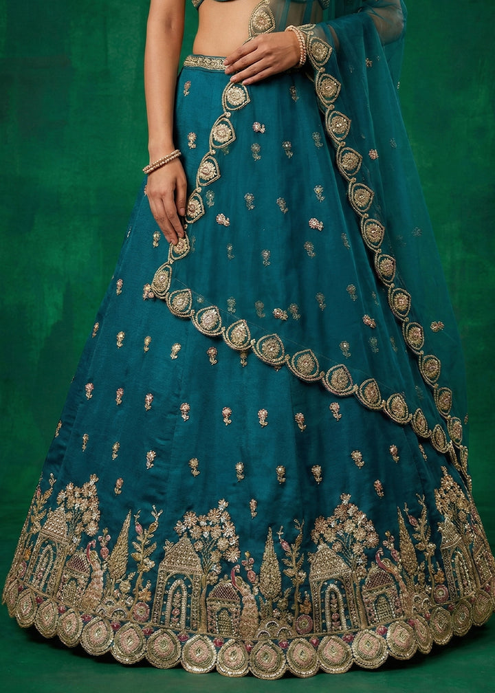 Peacock Blue Chinon Silk Lehenga Choli with Jharokha, Zari, Sequin &amp; Moti Embroidery