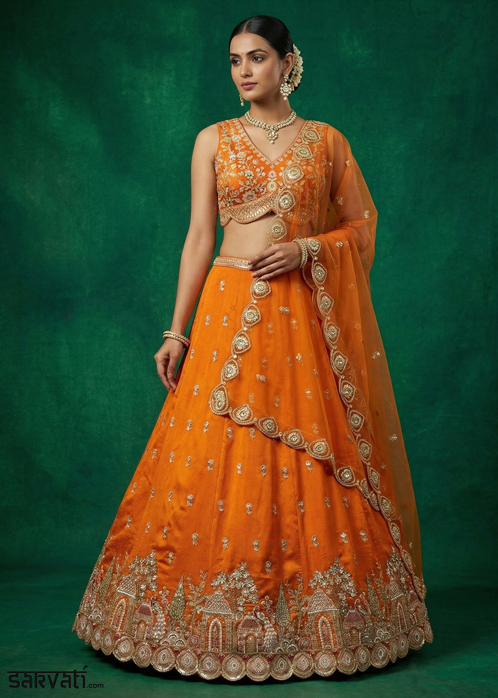 Tangerine Orange Chinon Silk Lehenga Choli with Jharokha, Zari, Sequin &amp; Moti Embroidery