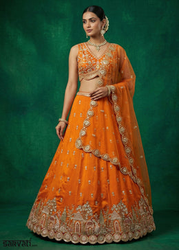 Tangerine Orange Chinon Silk Lehenga Choli with Jharokha, Zari, Sequin & Moti Embroidery