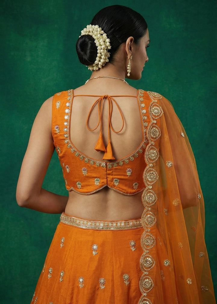 Tangerine Orange Chinon Silk Lehenga Choli with Jharokha, Zari, Sequin &amp; Moti Embroidery
