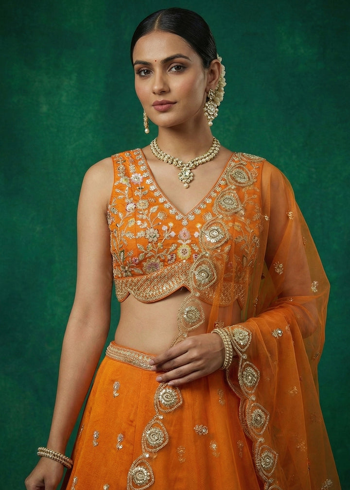 Tangerine Orange Chinon Silk Lehenga Choli with Jharokha, Zari, Sequin &amp; Moti Embroidery