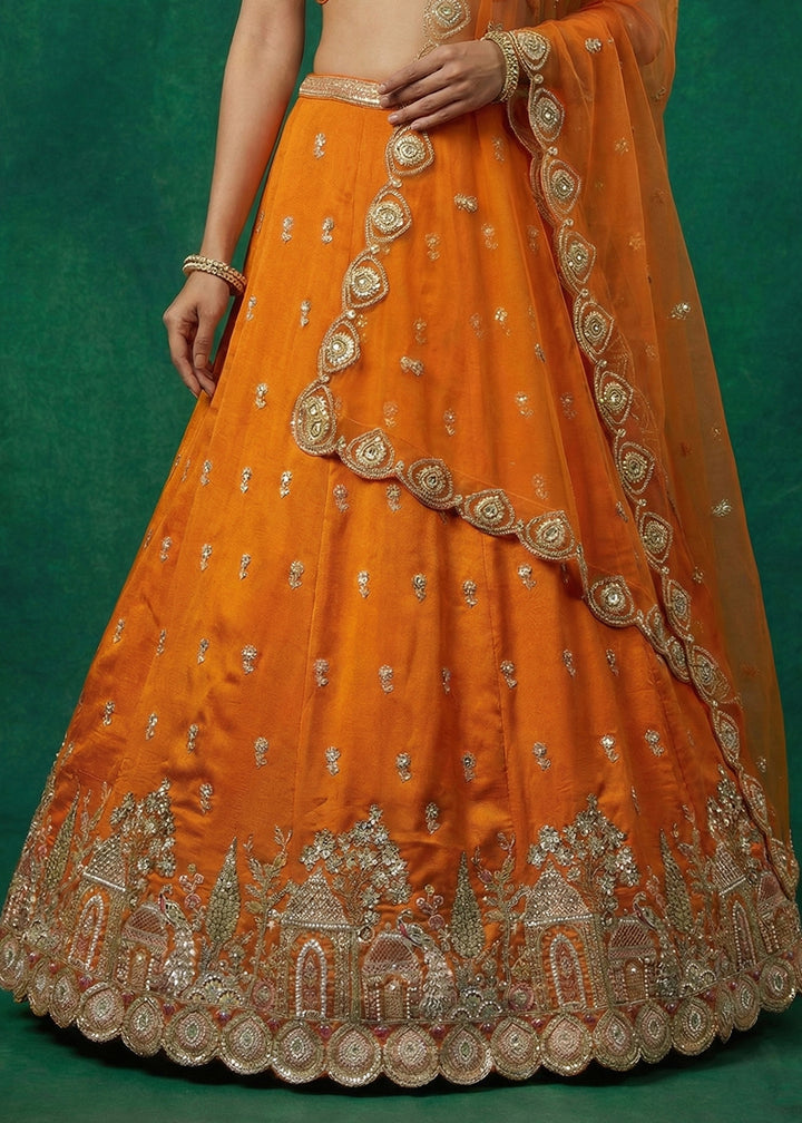 Tangerine Orange Chinon Silk Lehenga Choli with Jharokha, Zari, Sequin &amp; Moti Embroidery