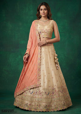 Champagne Beige Brown Tissue Lehenga Choli with Zarkan, Jharokha & Peacock Motif Embroidery