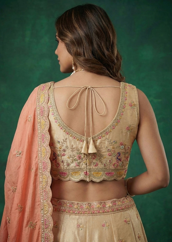 Champagne Beige Brown Tissue Lehenga Choli with Zarkan, Jharokha &amp; Peacock Motif Embroidery