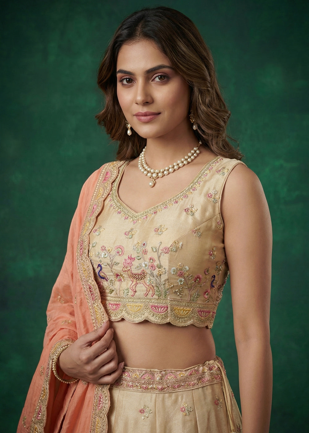 Champagne Beige Brown Tissue Lehenga Choli with Zarkan, Jharokha &amp; Peacock Motif Embroidery
