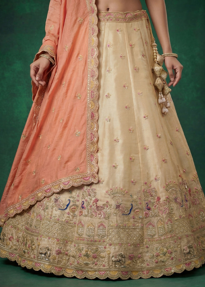 Champagne Beige Brown Tissue Lehenga Choli with Zarkan, Jharokha &amp; Peacock Motif Embroidery