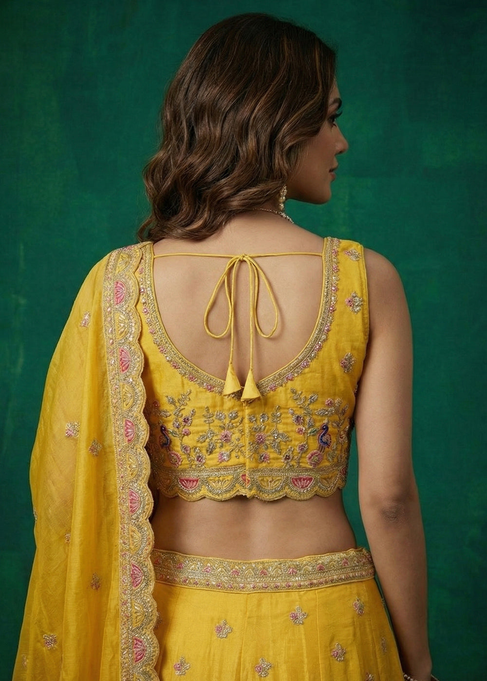 Marigold Yellow Tissue Lehenga Choli with Zarkan, Jharokha &amp; Peacock Motif Embroidery