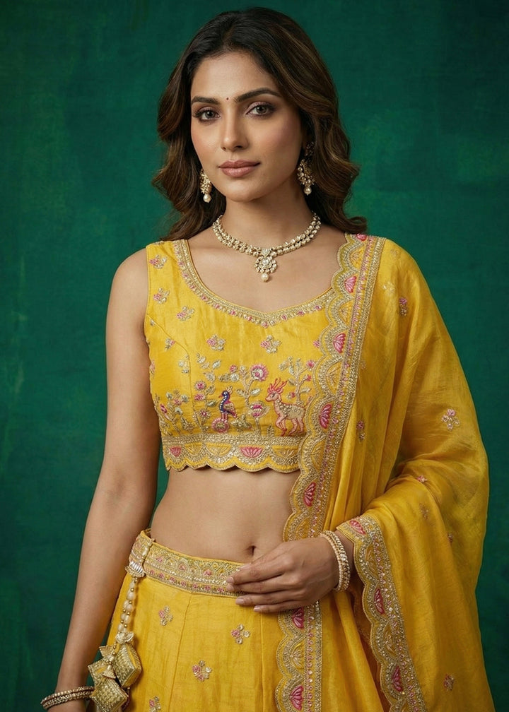 Marigold Yellow Tissue Lehenga Choli with Zarkan, Jharokha &amp; Peacock Motif Embroidery