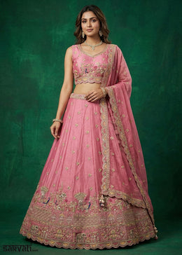 Carnation Pink Tissue Lehenga Choli with Zarkan, Jharokha & Peacock Motif Embroidery