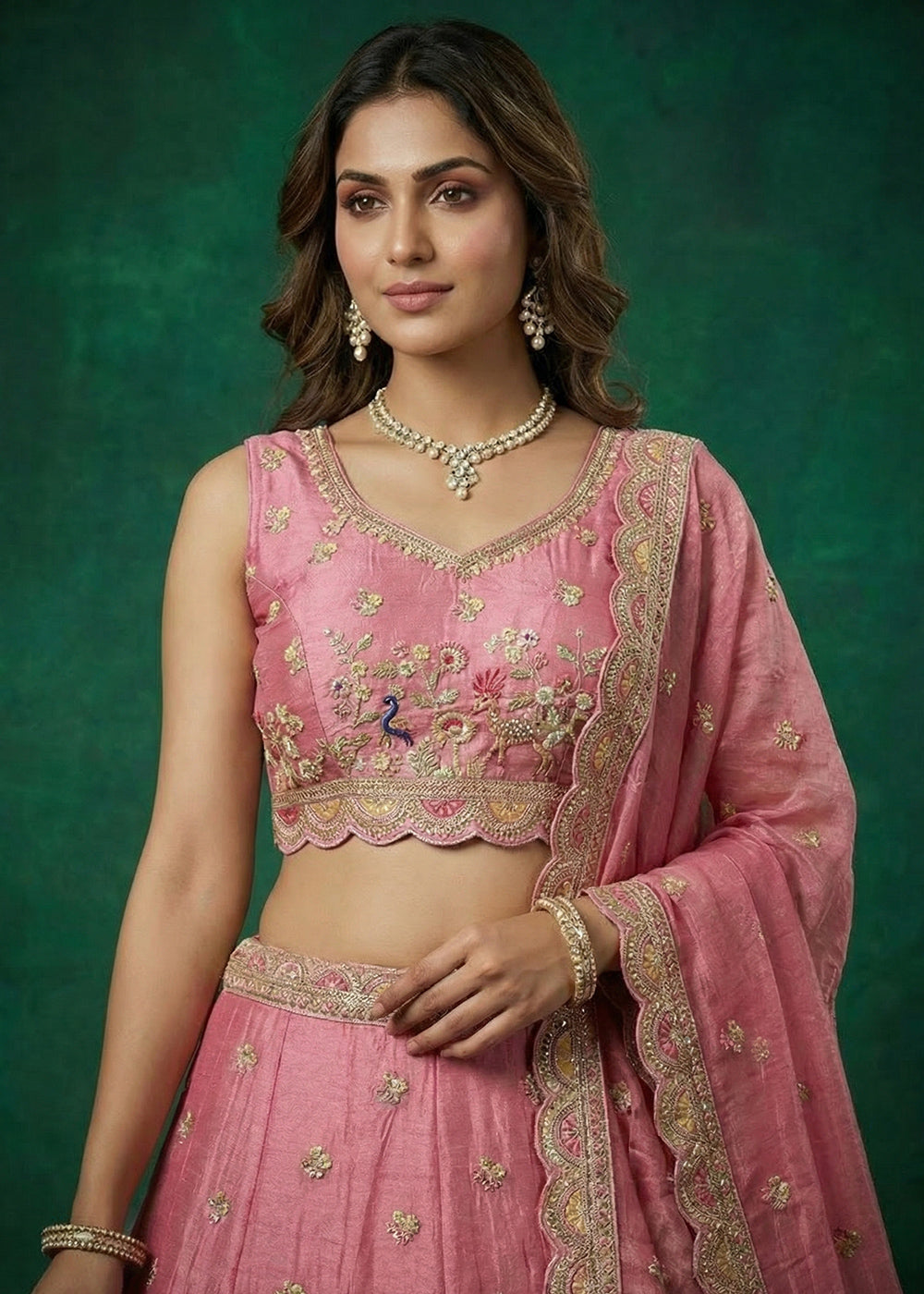 Carnation Pink Tissue Lehenga Choli with Zarkan, Jharokha &amp; Peacock Motif Embroidery