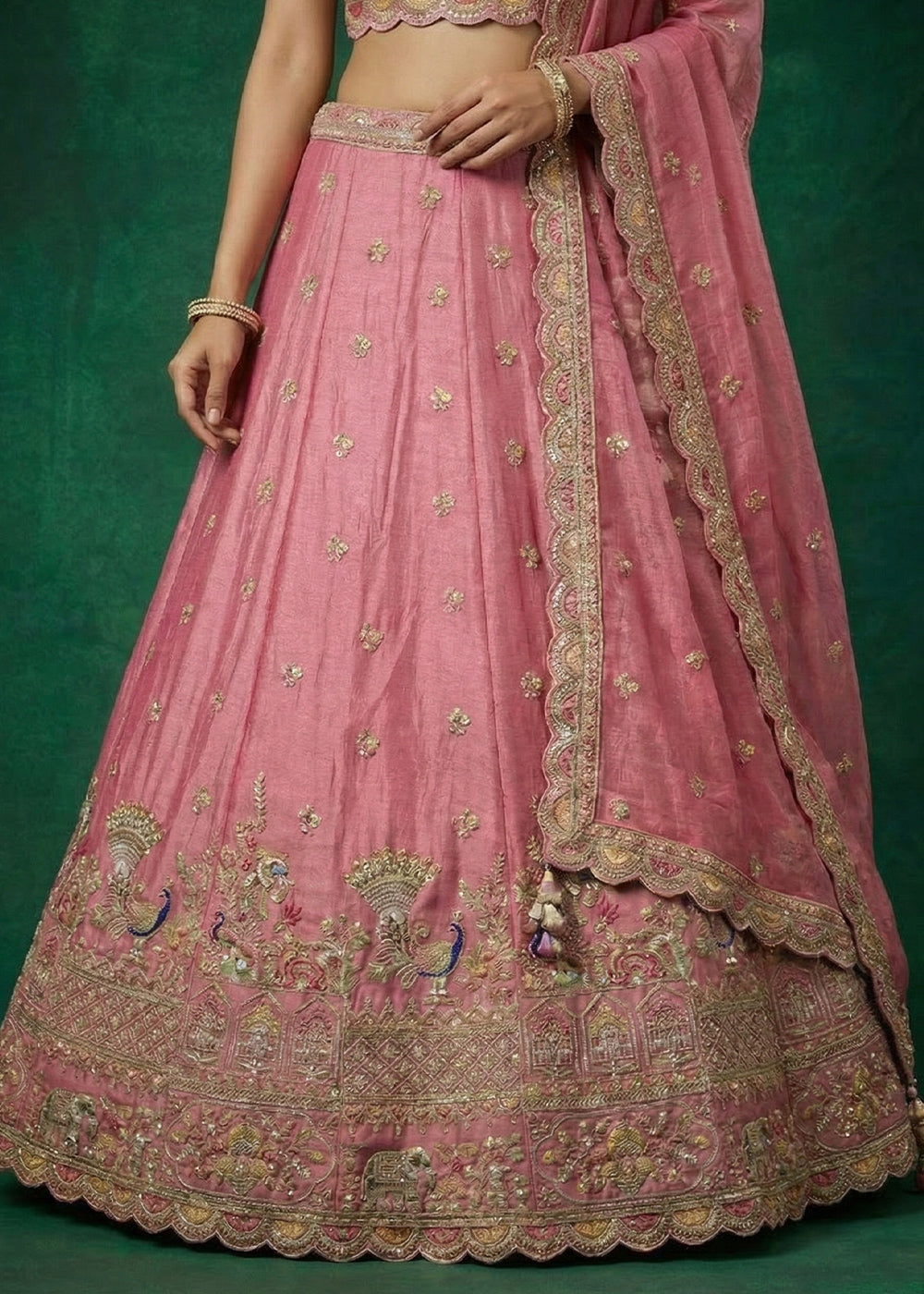 Carnation Pink Tissue Lehenga Choli with Zarkan, Jharokha &amp; Peacock Motif Embroidery