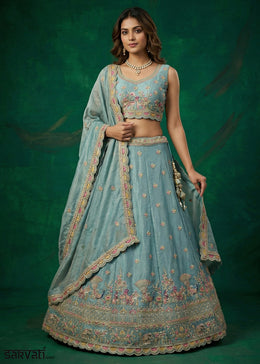 Steel Blue Tissue Lehenga Choli with Zarkan, Jharokha & Peacock Motif Embroidery
