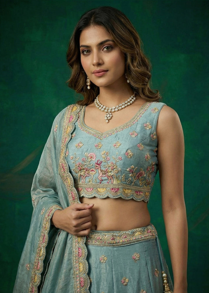 Steel Blue Tissue Lehenga Choli with Zarkan, Jharokha &amp; Peacock Motif Embroidery