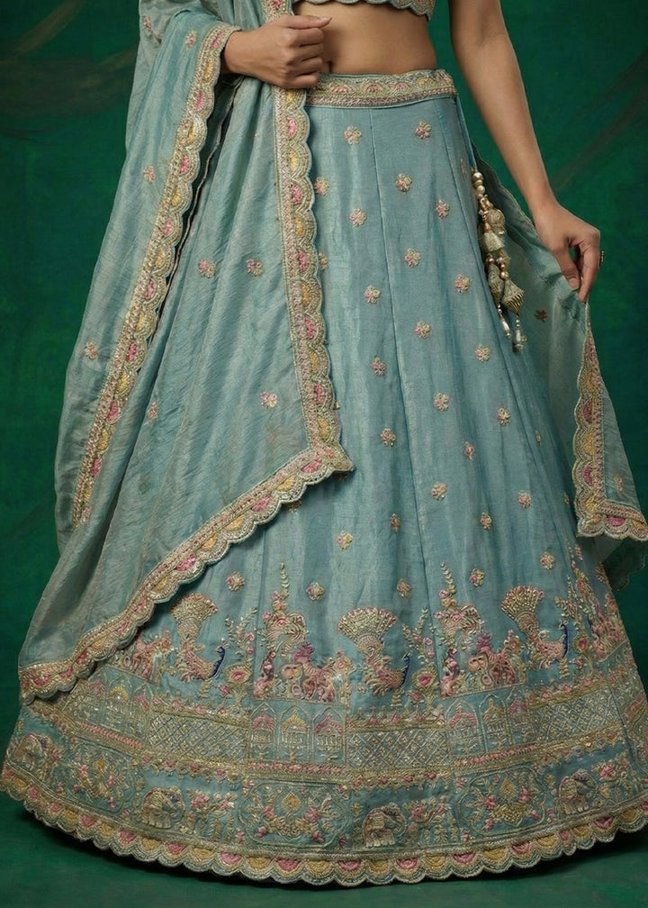 Steel Blue Tissue Lehenga Choli with Zarkan, Jharokha &amp; Peacock Motif Embroidery
