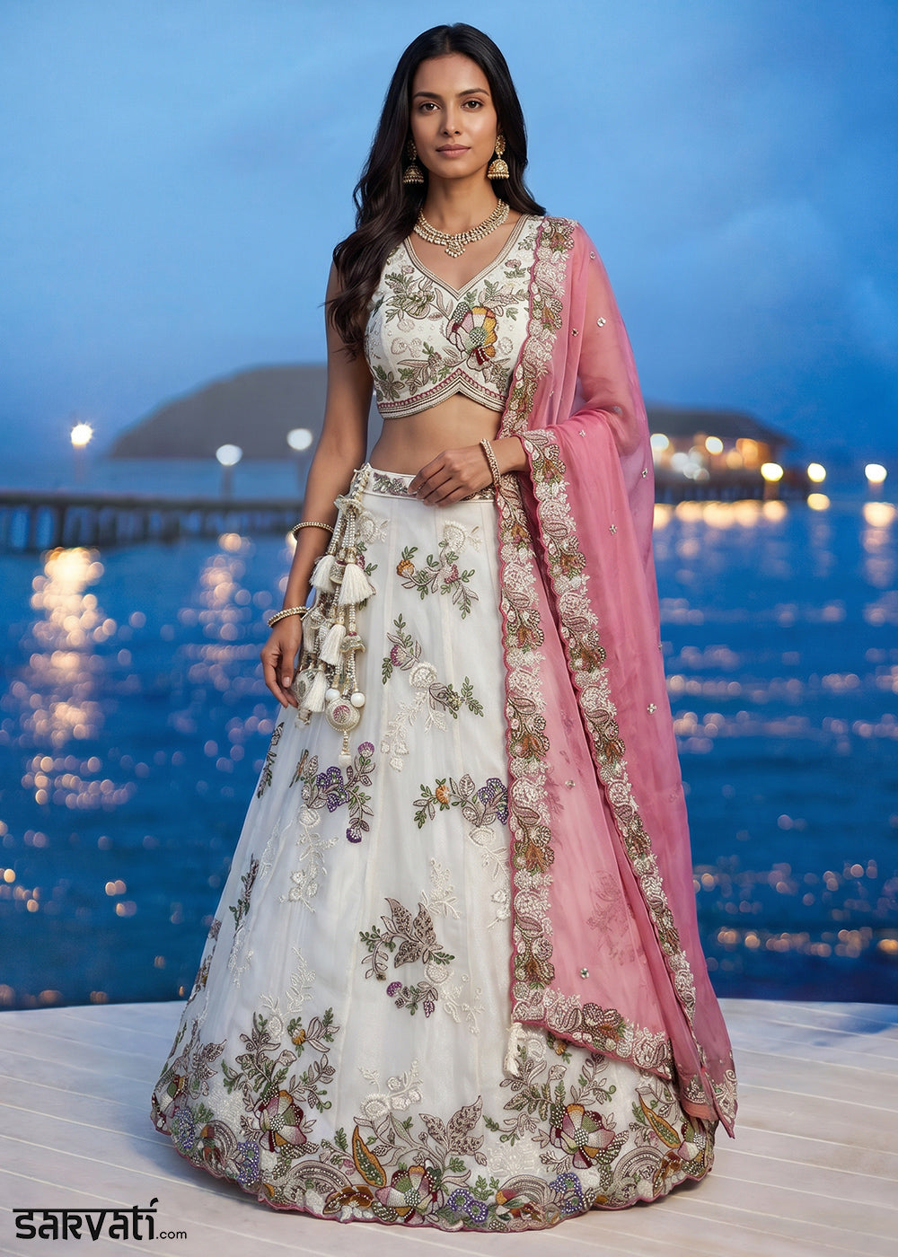 Off-White Tissue Lehenga Choli with Multicoloured Resham Embroidery, Beads &amp; Zari Work