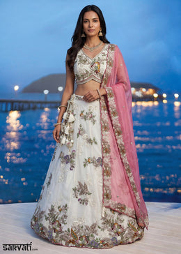 Off-White Tissue Lehenga Choli with Multicoloured Resham Embroidery, Beads & Zari Work