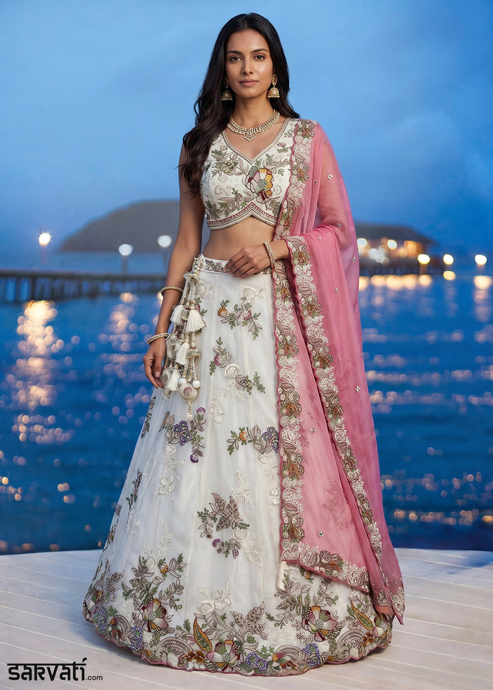 Off-White Tissue Lehenga Choli with Multicoloured Resham Embroidery, Beads &amp; Zari Work